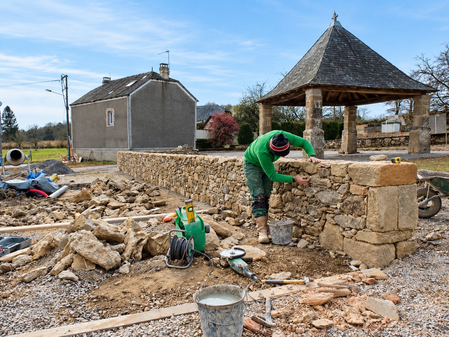 Mur en pierre sèche en cours de réalisation